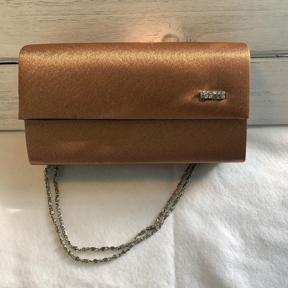 ZECA Satin Evening Clutch Bronze‎ Copper w/ Chain Strap Rhinestone Detail